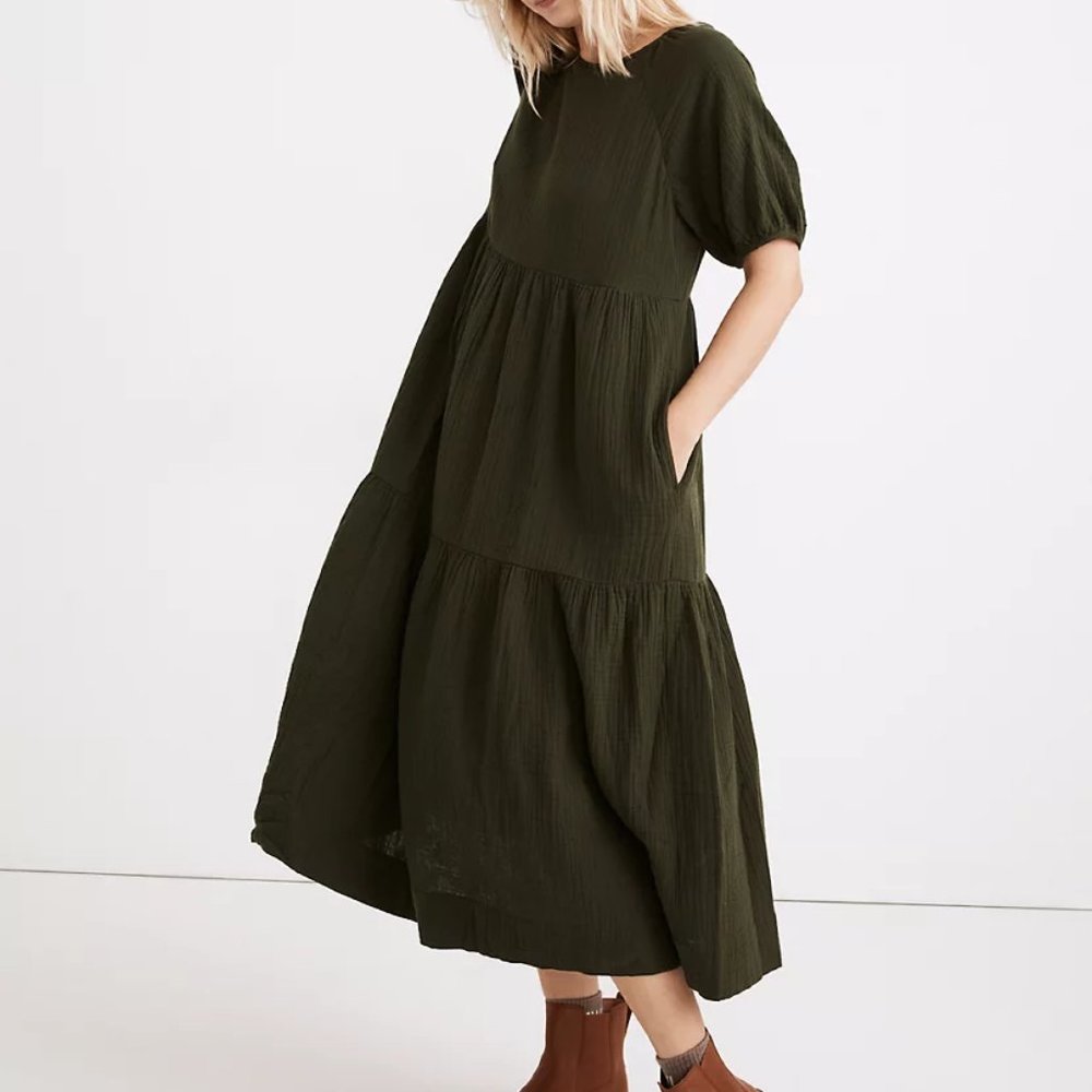 Madewell Hunter Green Lightspun Short-Sleeve Cattail Tiered Dress